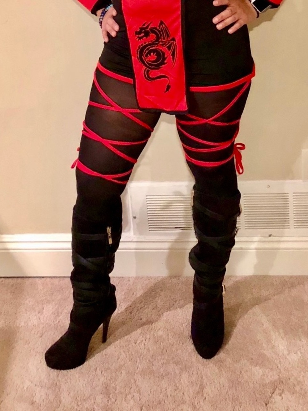 bebe Black Suede Wrap-Strap Stiletto Knee Boots with Gold Accents - Picture 10 of 10